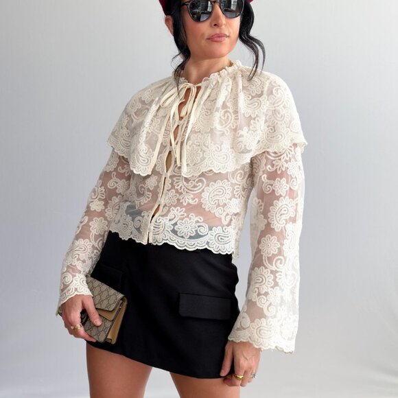 Ivory Lace Tie-Neck Blouse with Capelet - Picture 8 of 9